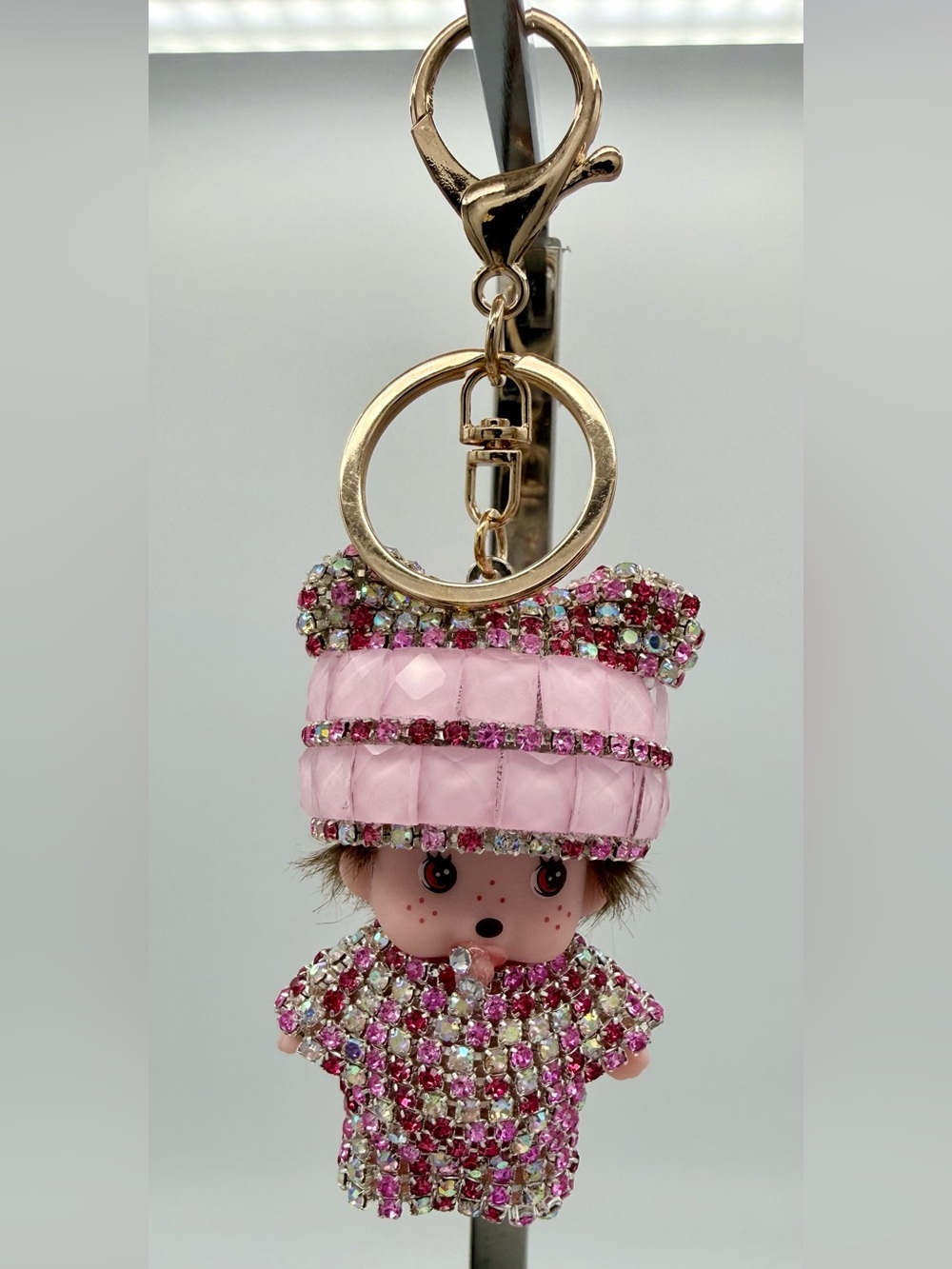 Monchhichi Style Crystal Rhinestone Doll Keychain Bag Charm Pink Bling Sparkle